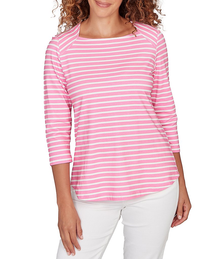 Ruby Rd. Yarn-Dyed Cotton Jersey Striped Square Neck 3/4 Sleeve