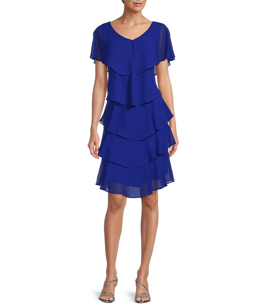 Ignite Evenings Jewel V Neck Short Sleeve Georgette Tiered Capelet Shift Dress Dillard s