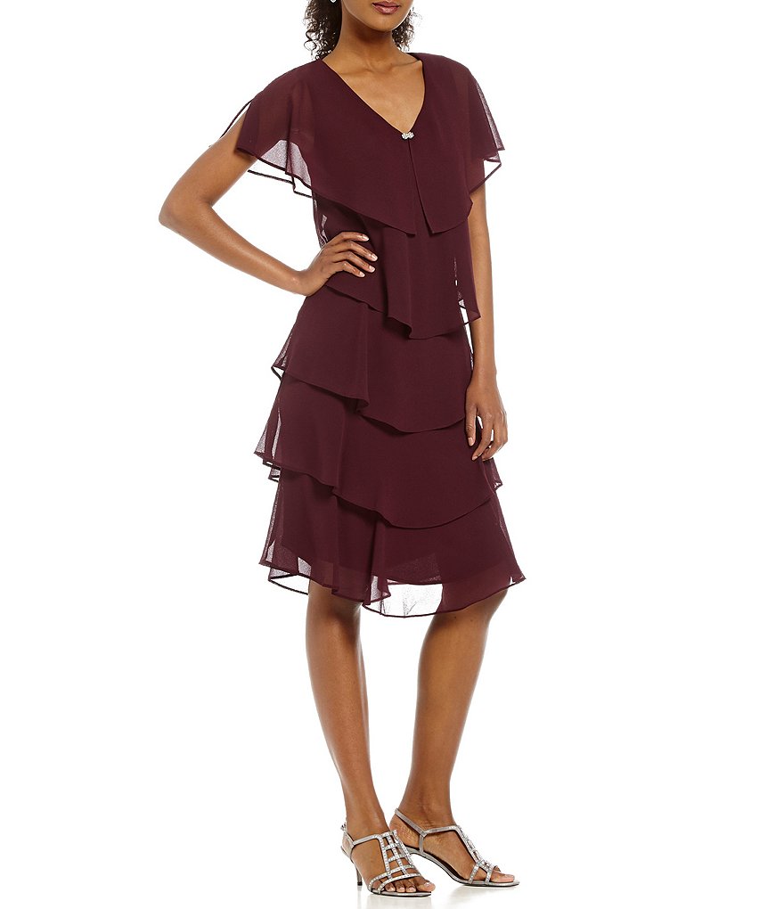 Ignite Evenings V-Neck Short Sleeve Georgette Tiered Capelet Shift Dress |  Dillard's
