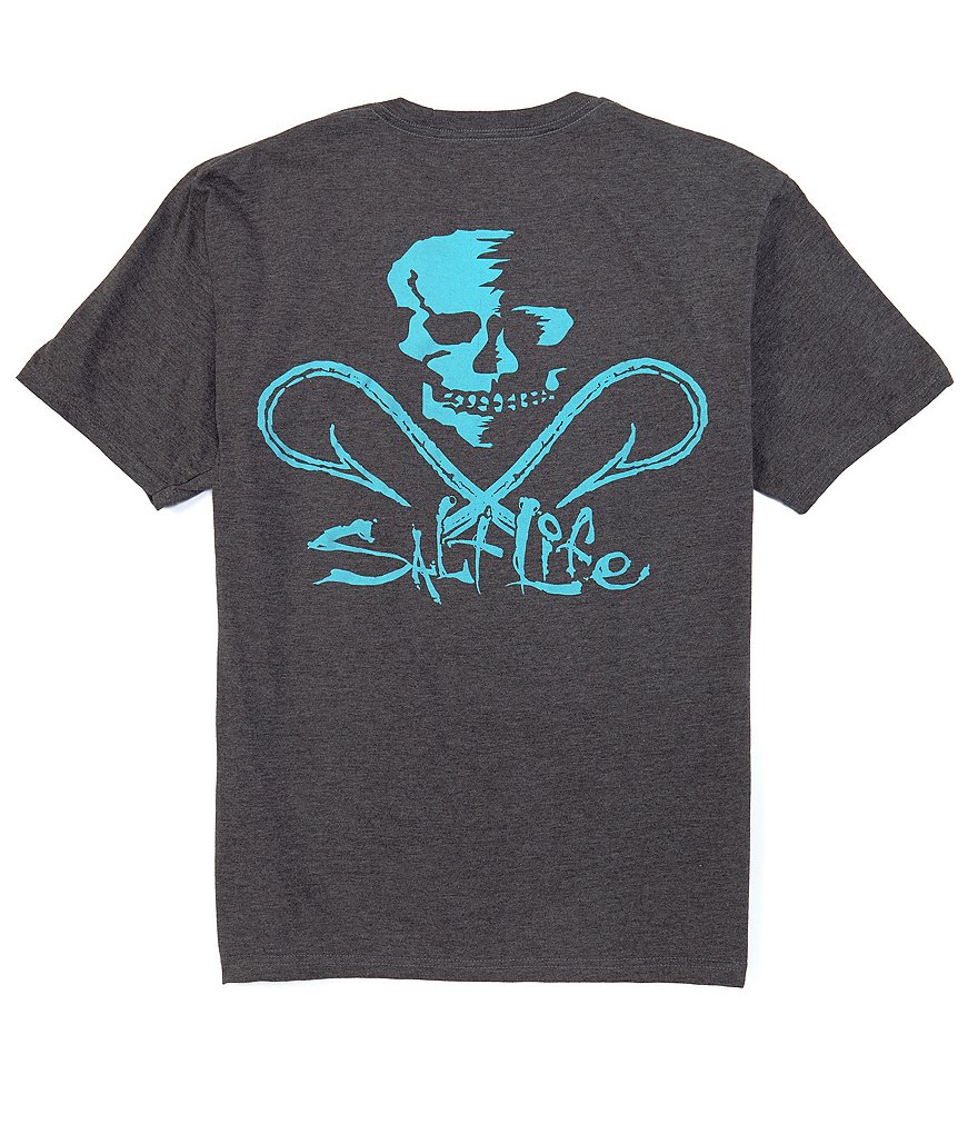 Salt Life Coral skull and fishing rods Pocket T- Shirt MEN'S L