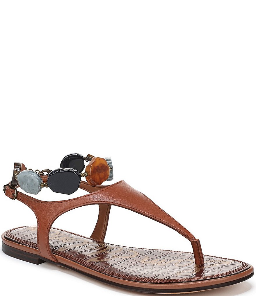 Sam Edelman Canna Leather Stone Embellished Anklet T-Strap Flat