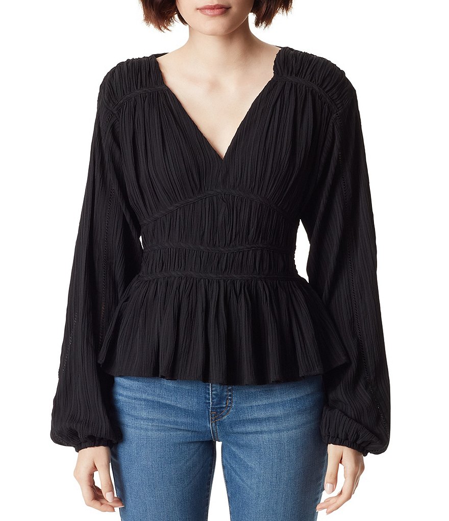 Sam Edelman Evie Textured V-Neck Long Balloon Sleeve Peplum Top