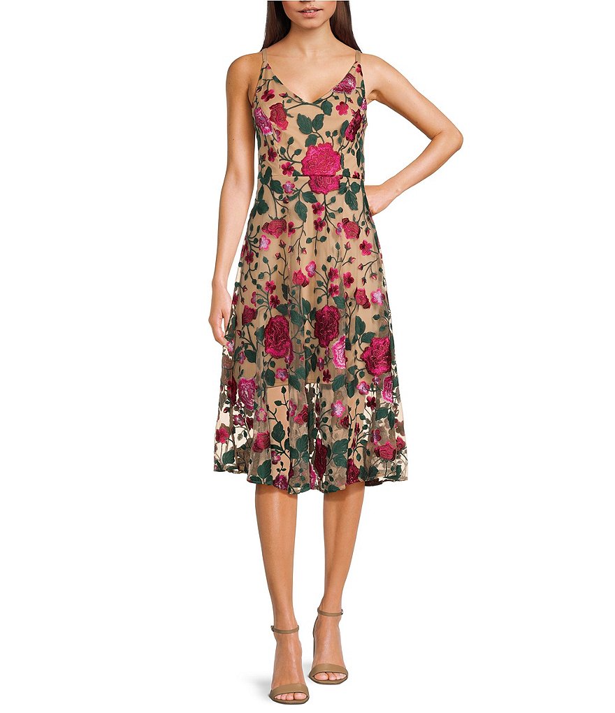 Sam Edelman Floral Embroidered V-Neck Sleeveless Midi A-Line Dress ...