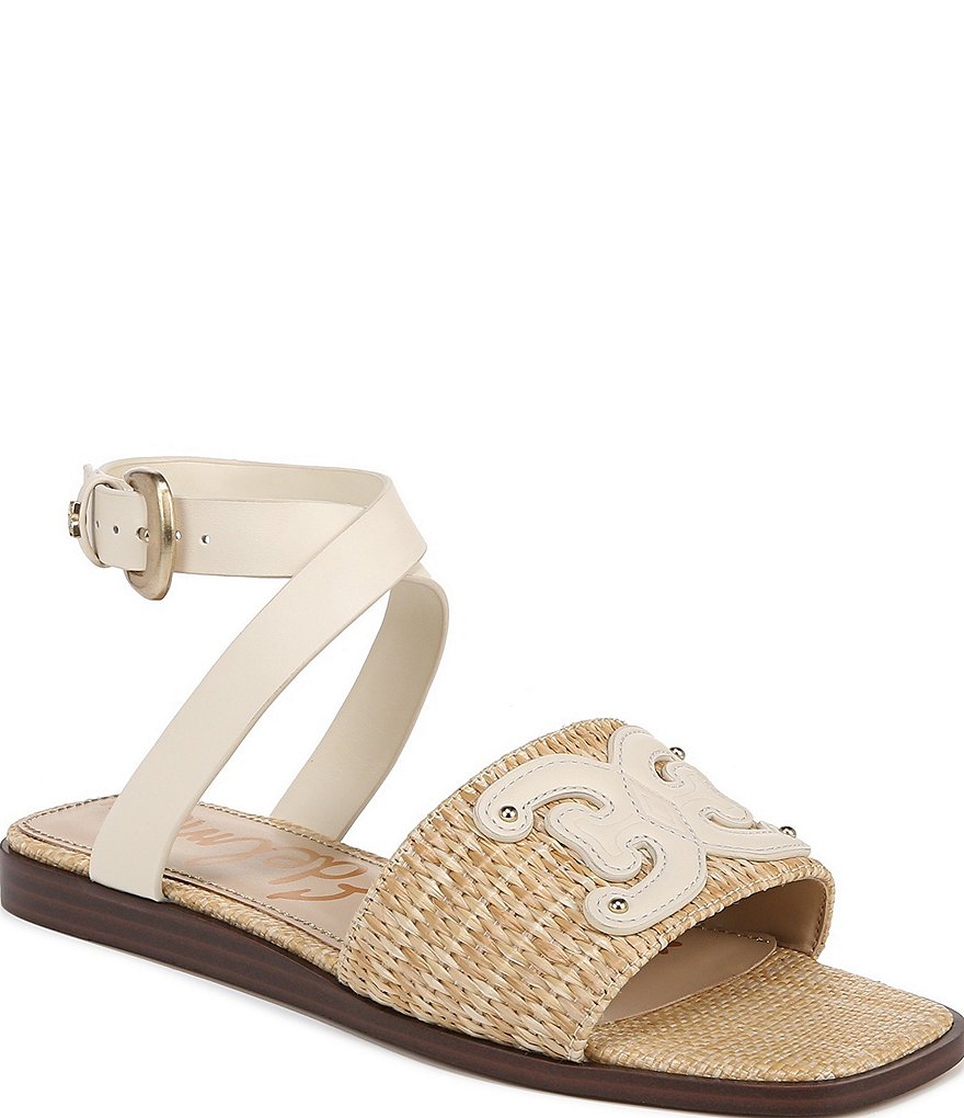 Sam Edelman Ilsie Raffia and Leather Logo Embossed Ankle Strap Wrap ...