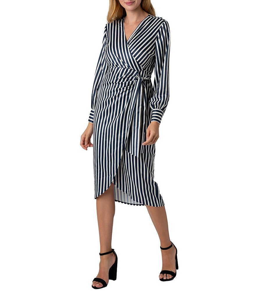 knee length dresses for ladies Womens Cashmere Striped Knit Dress Long Sleeve Crew Neck Midi Dress Black / L