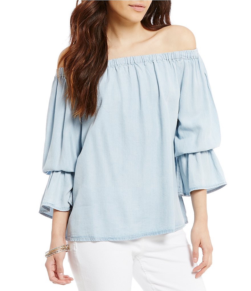 Sanctuary Charlotte Chambray Off-the-Shoulder Bell Sleeve Blouse | Dillards