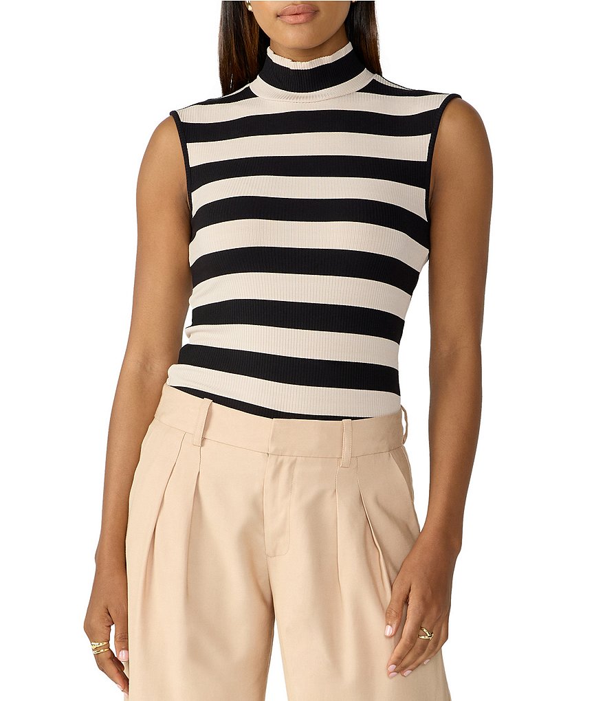  OTHER STORIES Sleeveless Mock Neck Ribbed Top in White Striped