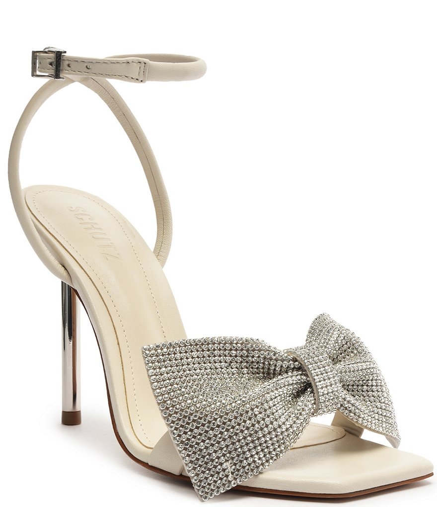 Schutz Mila Leather Rhinestone Embellished Bow Dress Sandals