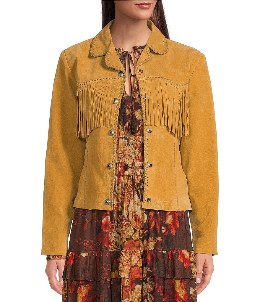 Scully Suede Leather Whipstitch Collar Fringe Jacket | Dillard's