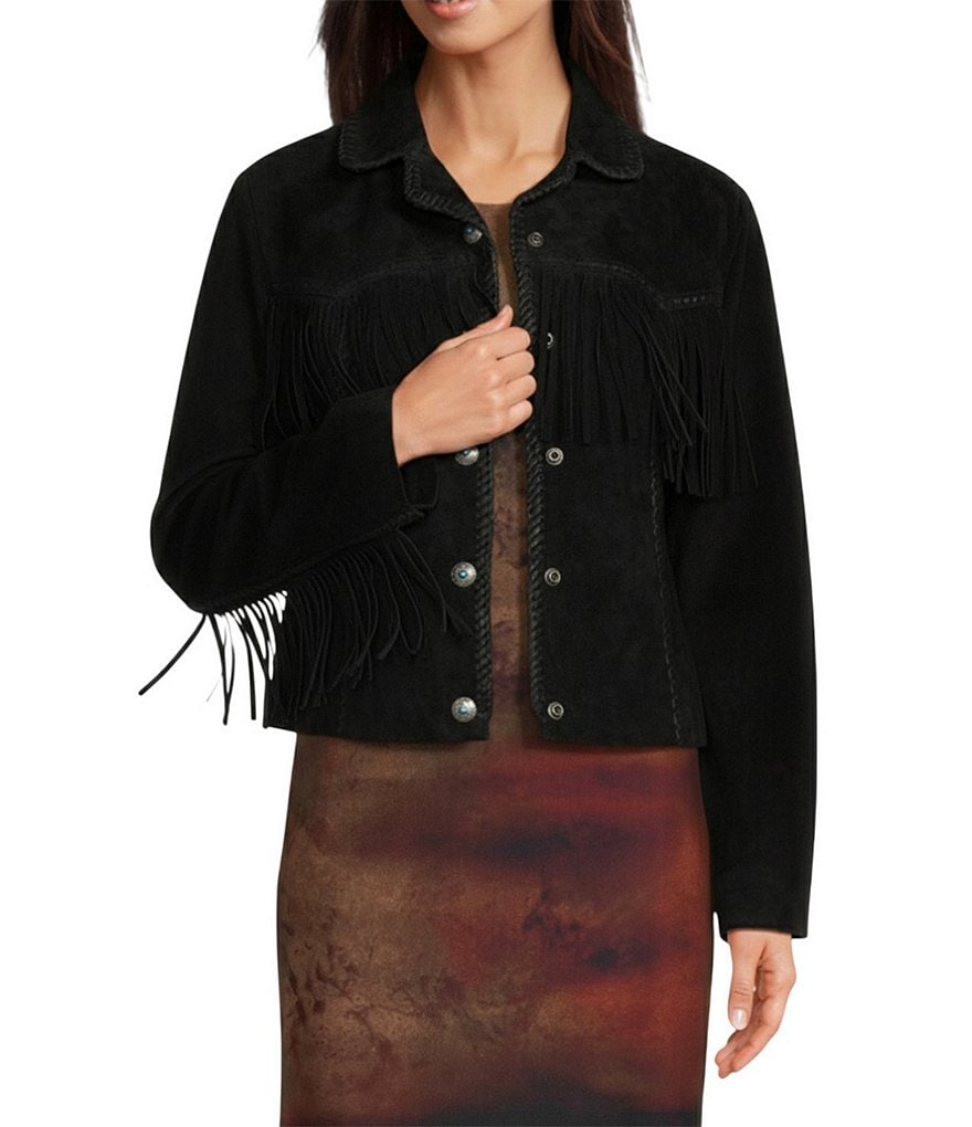 Scully Suede Leather Whipstitch Collar Fringe Jacket | Dillard's