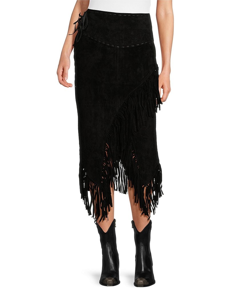 Scully Western Suede Leather High Rise Wrap Fringe Midi Skirt