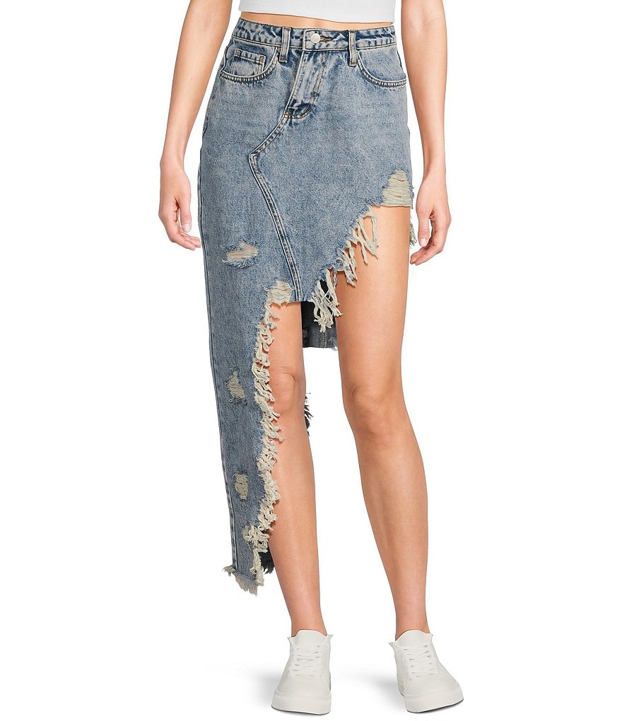 【GRANCY】Fringedesign Denim Skirt M Signature 8 High-Low Fringed Distressed Denim Skirt | Dillard's