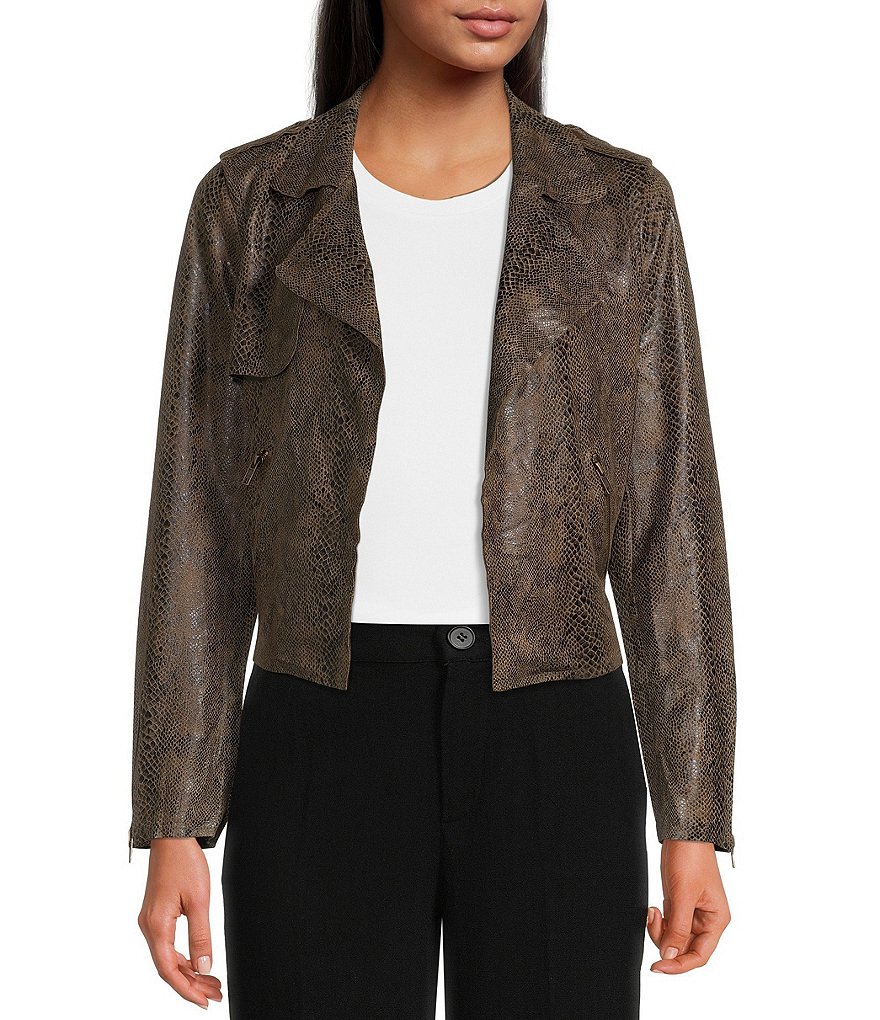 Skies Are Blue Soft Faux Suede Snake Print Notch Lapel Long Sleeve Open  Front Moto Statement Jacket