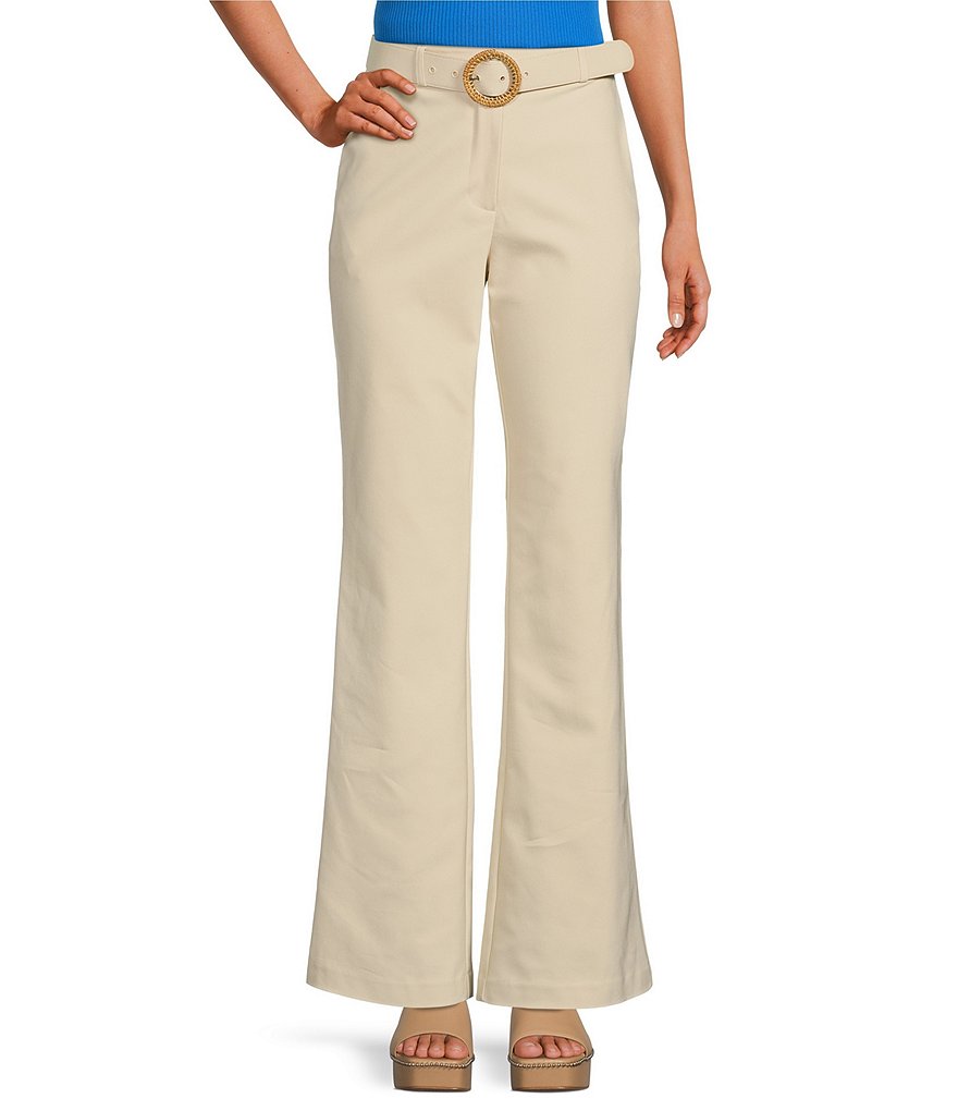 Skies Are Blue Stretch Flat Front Pleated Flare Leg Belted Pants ...