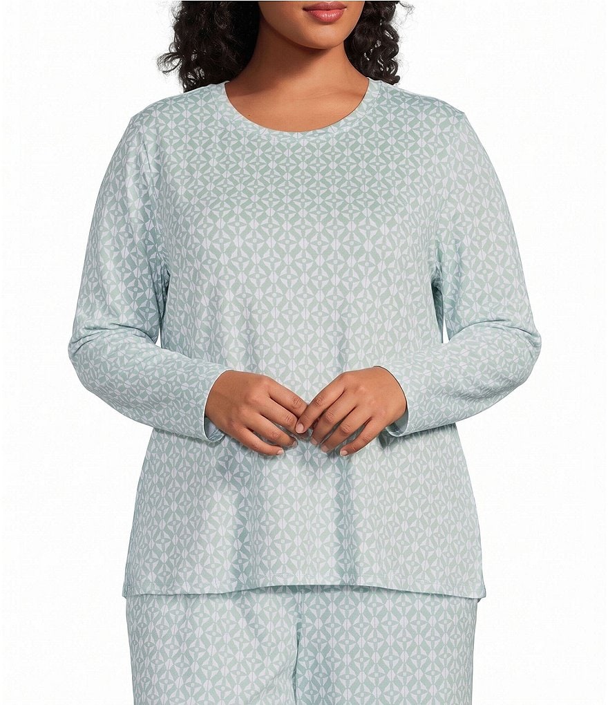 Plus Size Jersey Knit Irish Geo Long Sleeve Crew Neck Coordinating Sleep Top