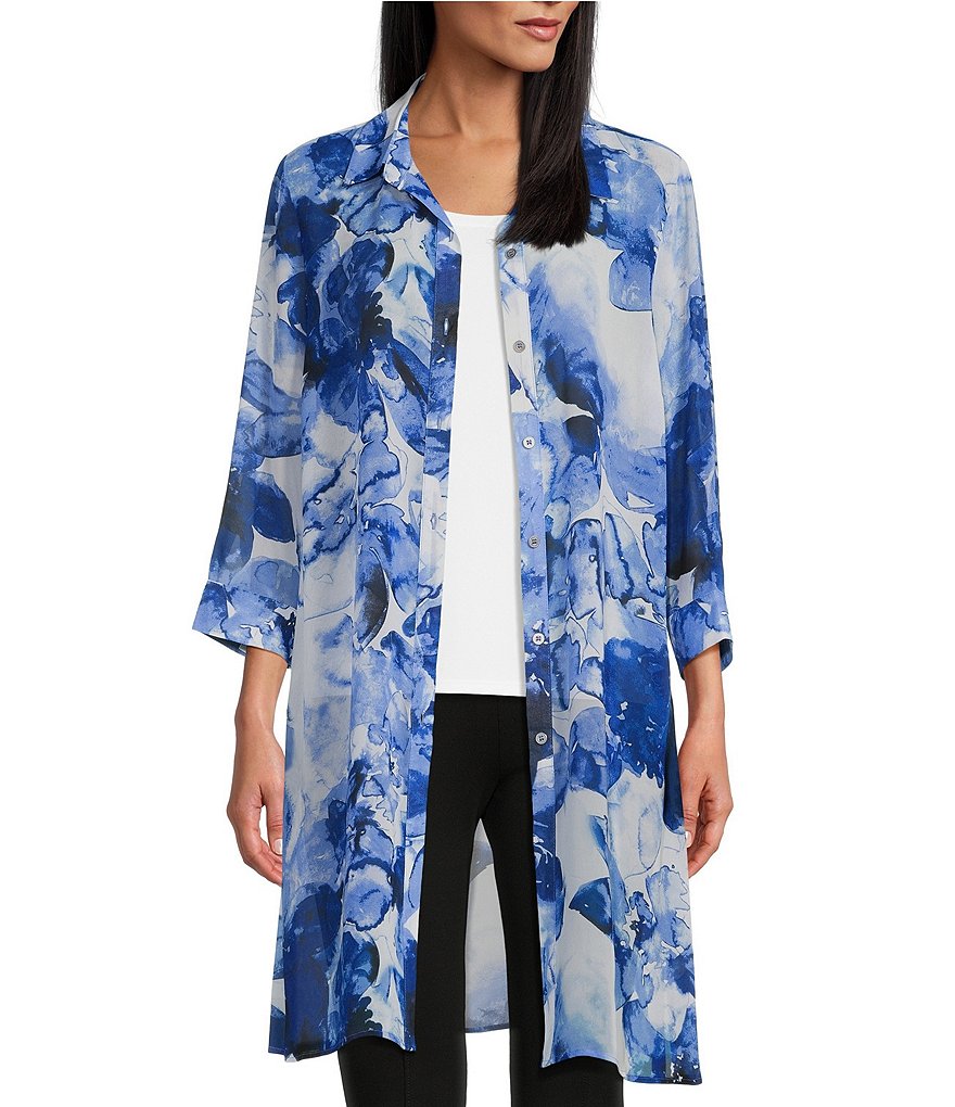 Slim Factor by Investments Floral Placement Print Long Sleeve Point Collar  Button Front Duster