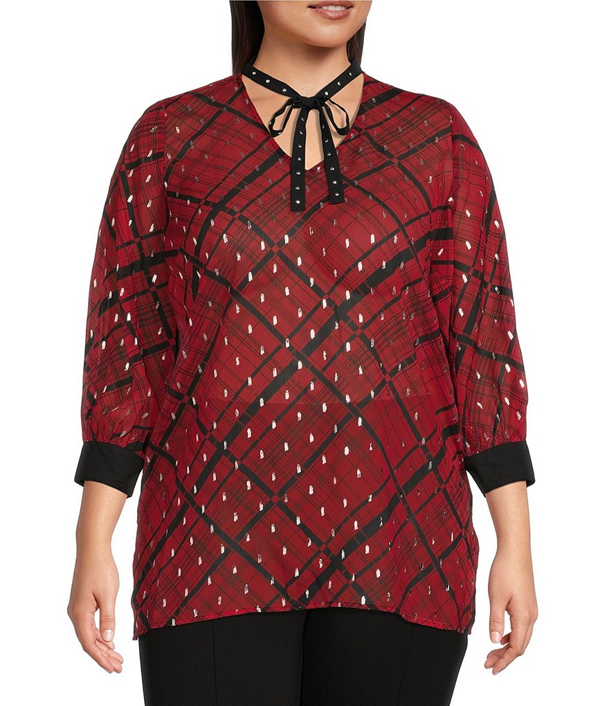 Slim Factor by Investments Plus Size Red Plaid Print 3/4 Sleeve Tie 