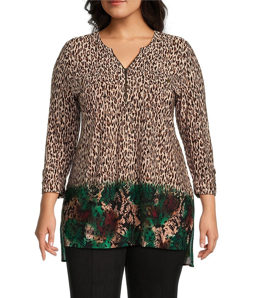 Slim Factor By Investments Plus Size V-Neck Animal Print 3/4 