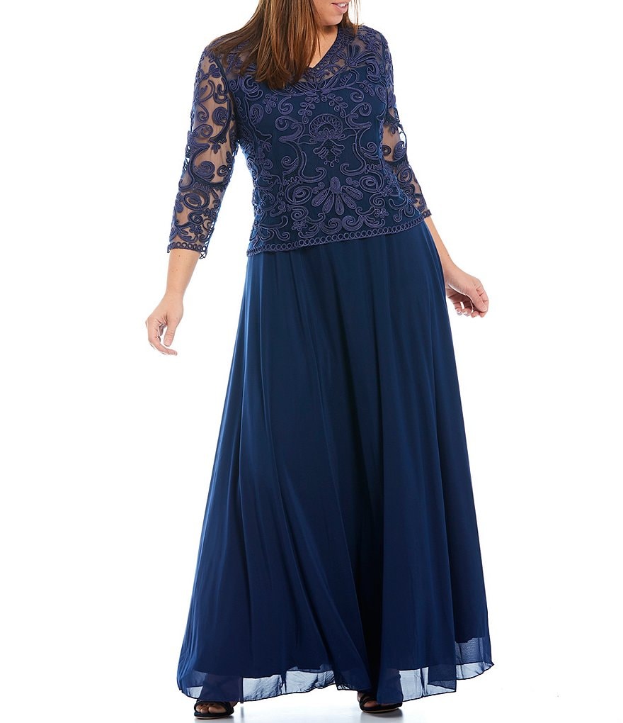 Soulmates Plus Size V-Neck 3/4 Sleeve Soutache A-Line Gown | Dillard's