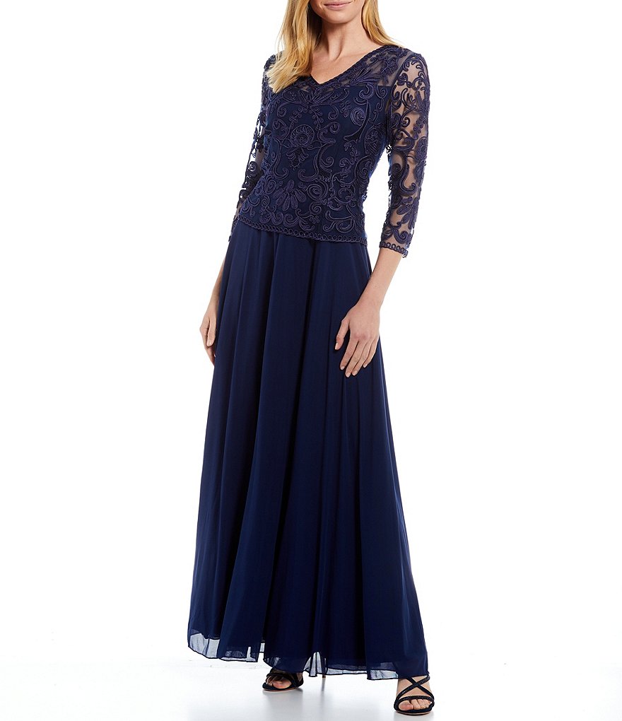 Soulmates V-Neck 3/4 Sleeve Soutache Lace Bodice A-Line Gown | Dillard's