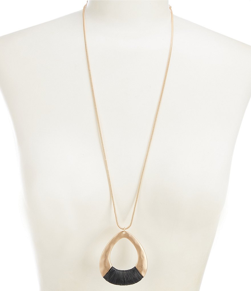 Southern Living Jet Raffia Wrapped Open Teardrop Long Pendant Necklace