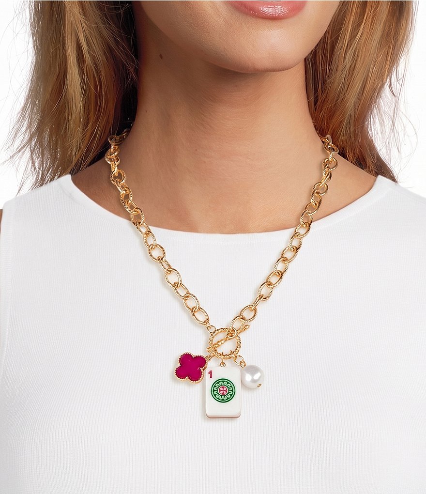 Southern Living Mahjong Tile Pearl Long Chain Pendant Necklace
