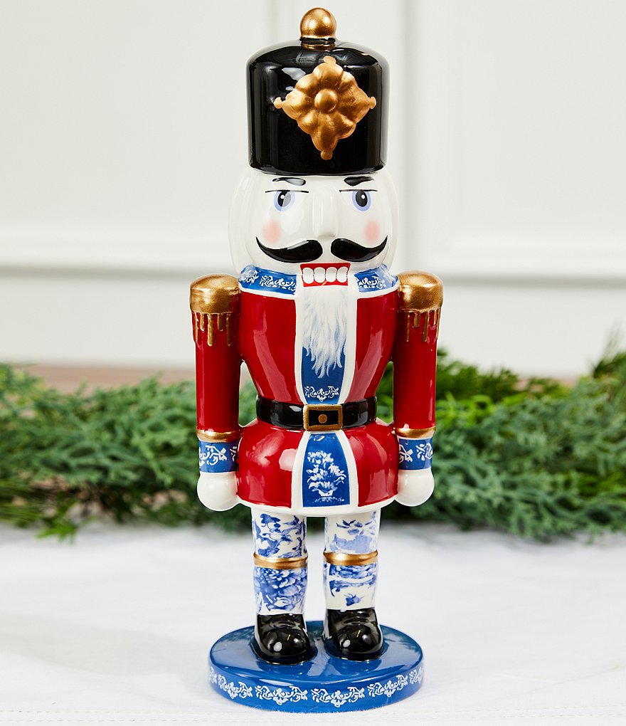 Southern Living Meet Me Under The Mistletoe Collection Red and Blue Chinoiserie Hand-Painted Nutcracker