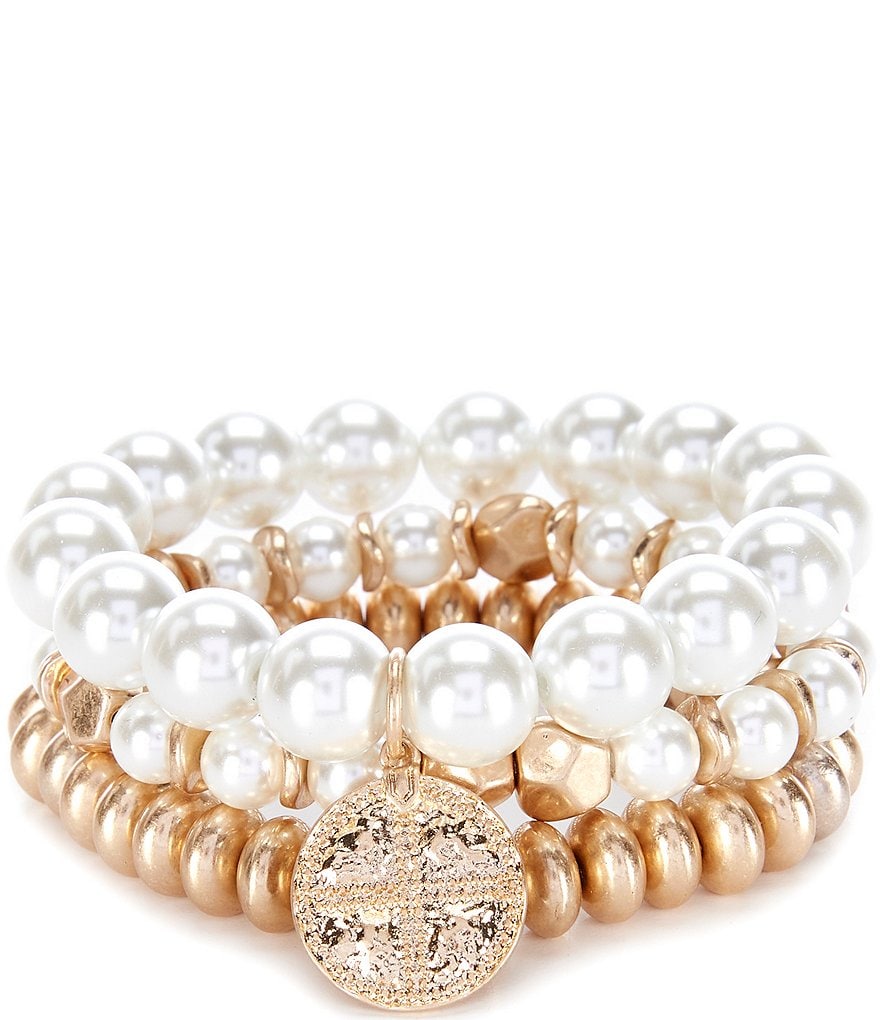Southern Living Pearl and Gold Bead Stretch Bracelet Set | Dillard's