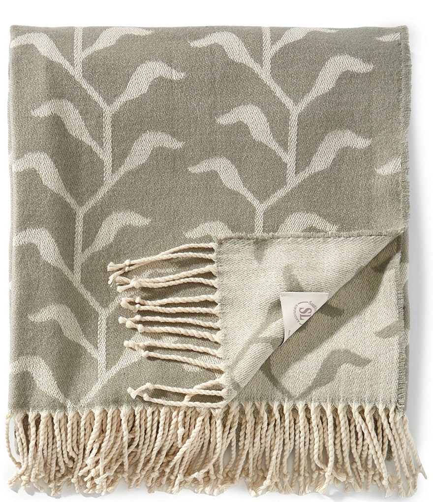 Southern Living Simplicity Collection Leaf Print Fringe Trim Throw Blanket