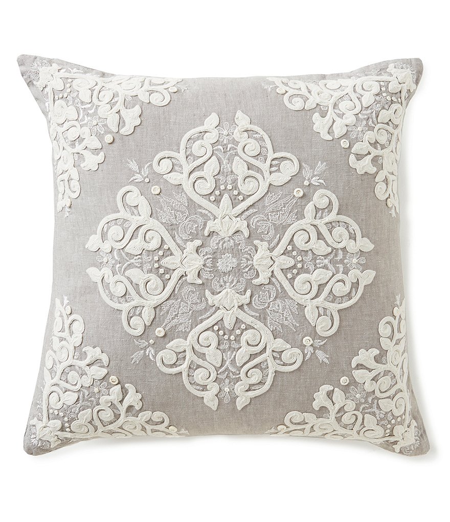 Southern Living Tile-Embroidered Linen Square Pillow | Dillards