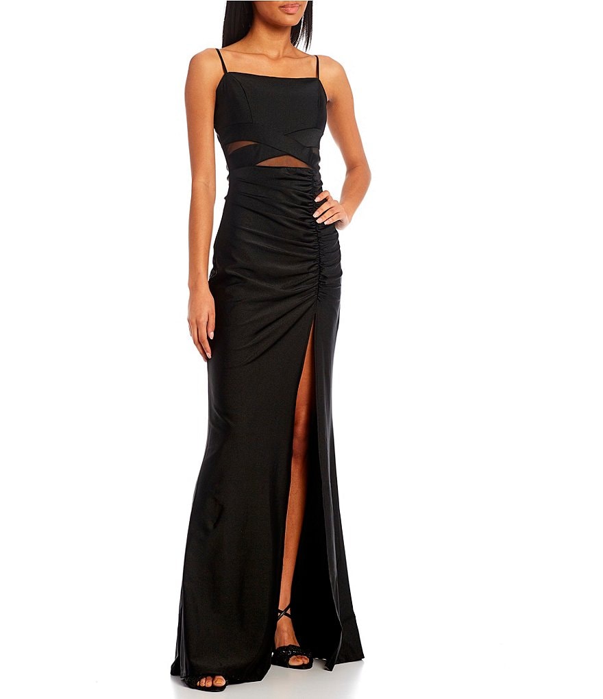 Honey and Rosie Square Neck Illusion Waist Side Slit Long Dress