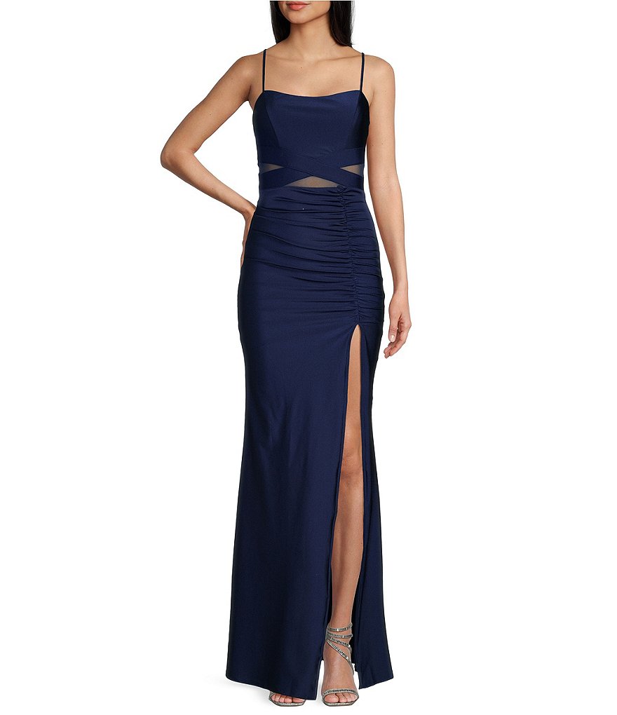 Honey and Rosie Square Neck Illusion Waist Side Slit Long Dress | Dillard's