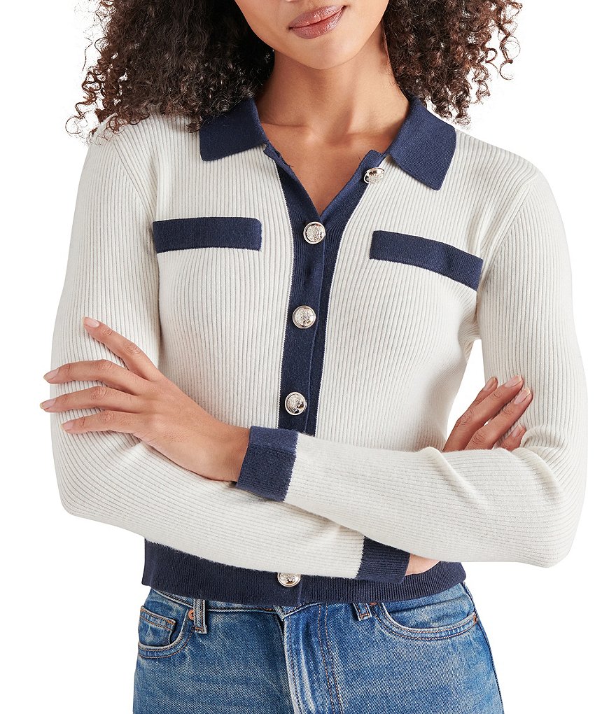 Steve Madden Ayda Rib Knit Point Collar Long Sleeve Button Steve Madden Ayda Rib Knit Point Collar Long Sleeve Button