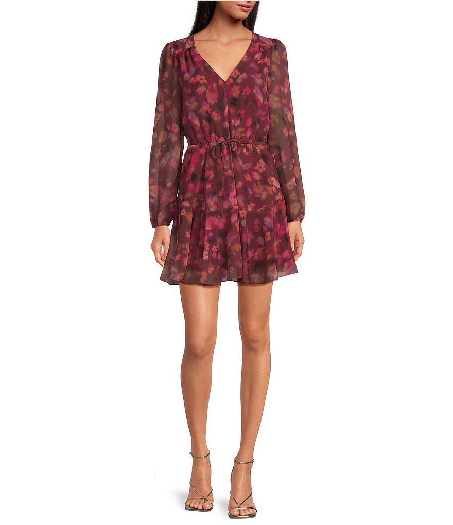 Steve Madden Kara Floral Print V-Neck Long Sleeve Mini Dress | Dillard's