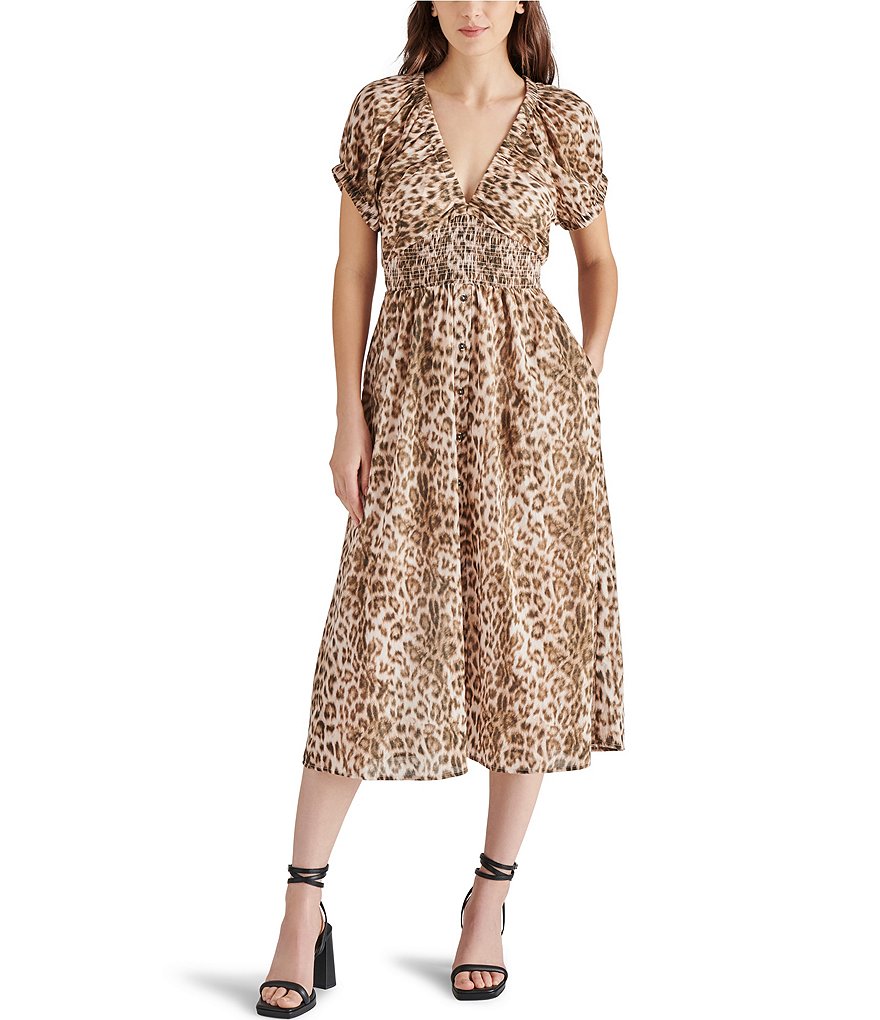 Steve Madden Tahlia Leopard Print V Neck Smocked Waist Short Sleeve Midi A Line Dress