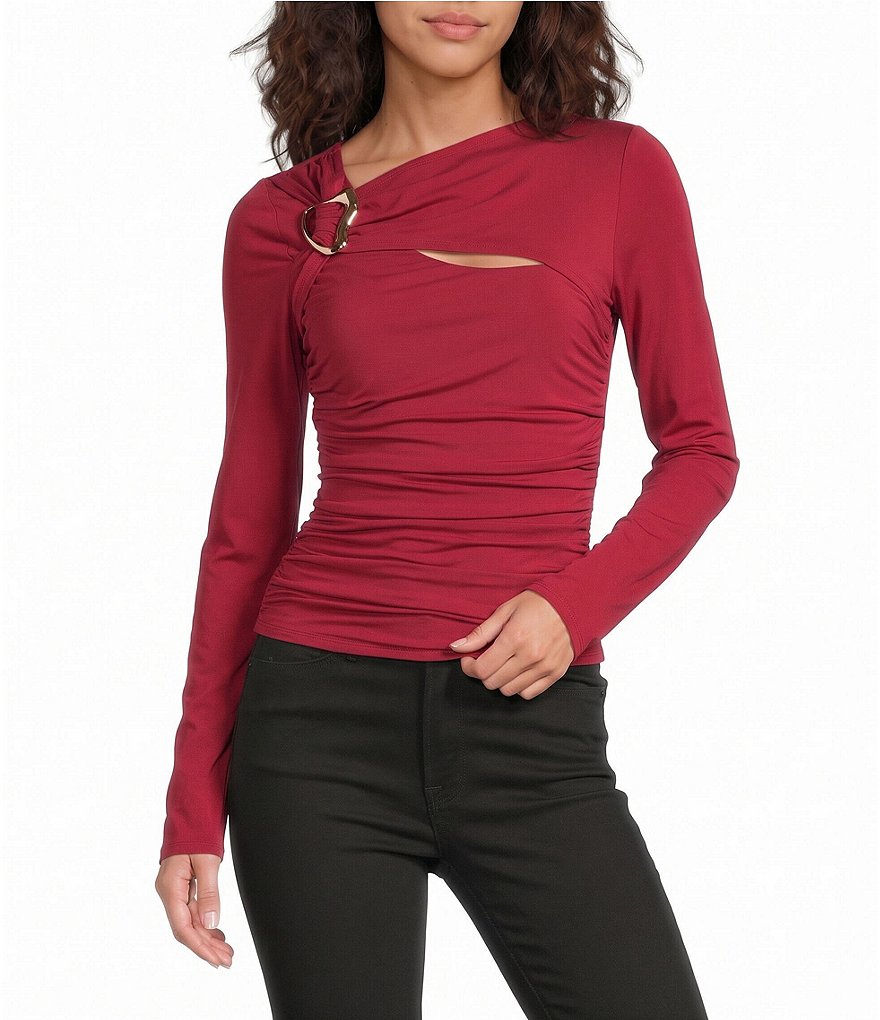 Ania Asymmetric Buckle Neck Long Sleeve Ruched Top