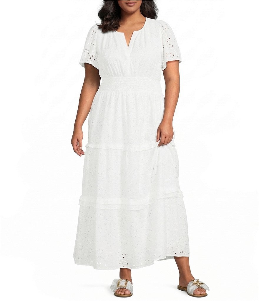 Sugarlips Plus Size Floral Palmer Eyelet Short Sleeve Long Dress