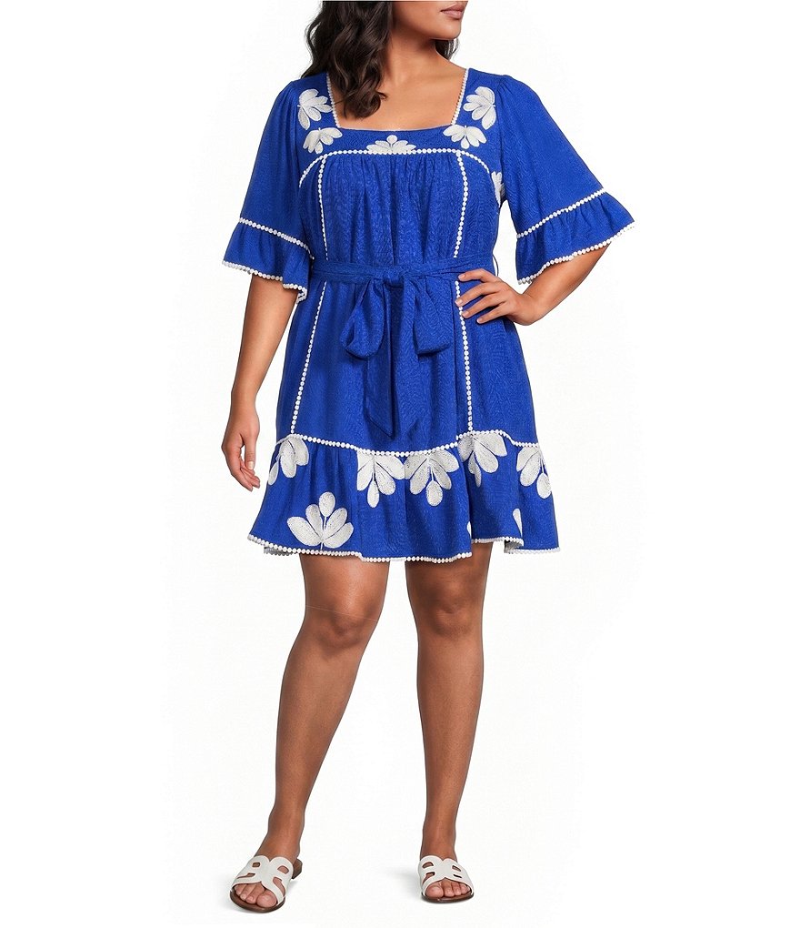 Sugarlips Plus Size Tanya Floral Embroidered Square Neck Flutter Sleeve  Linen Mini Dress | Dillard's