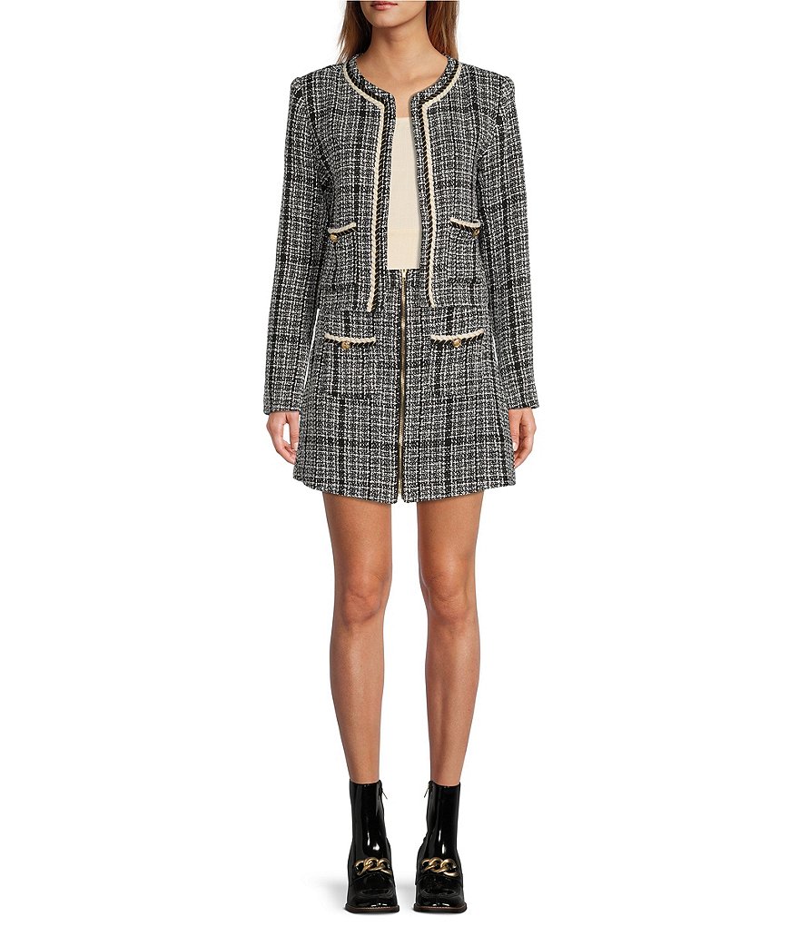 Sugarlips Tweed Plaid Print Crew Neck Long Sleeve Open Front Cropped Jacket