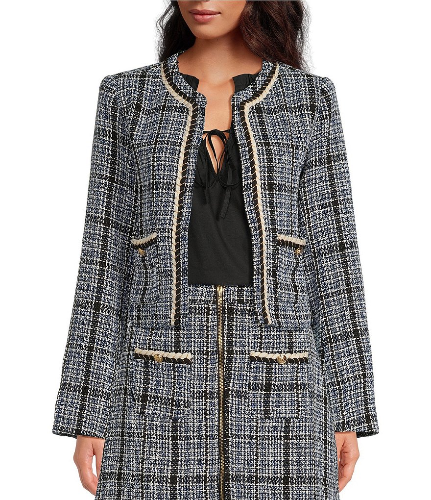 Sugarlips Tweed Plaid Print Crew Neck Long Sleeve Open Front Cropped Jacket