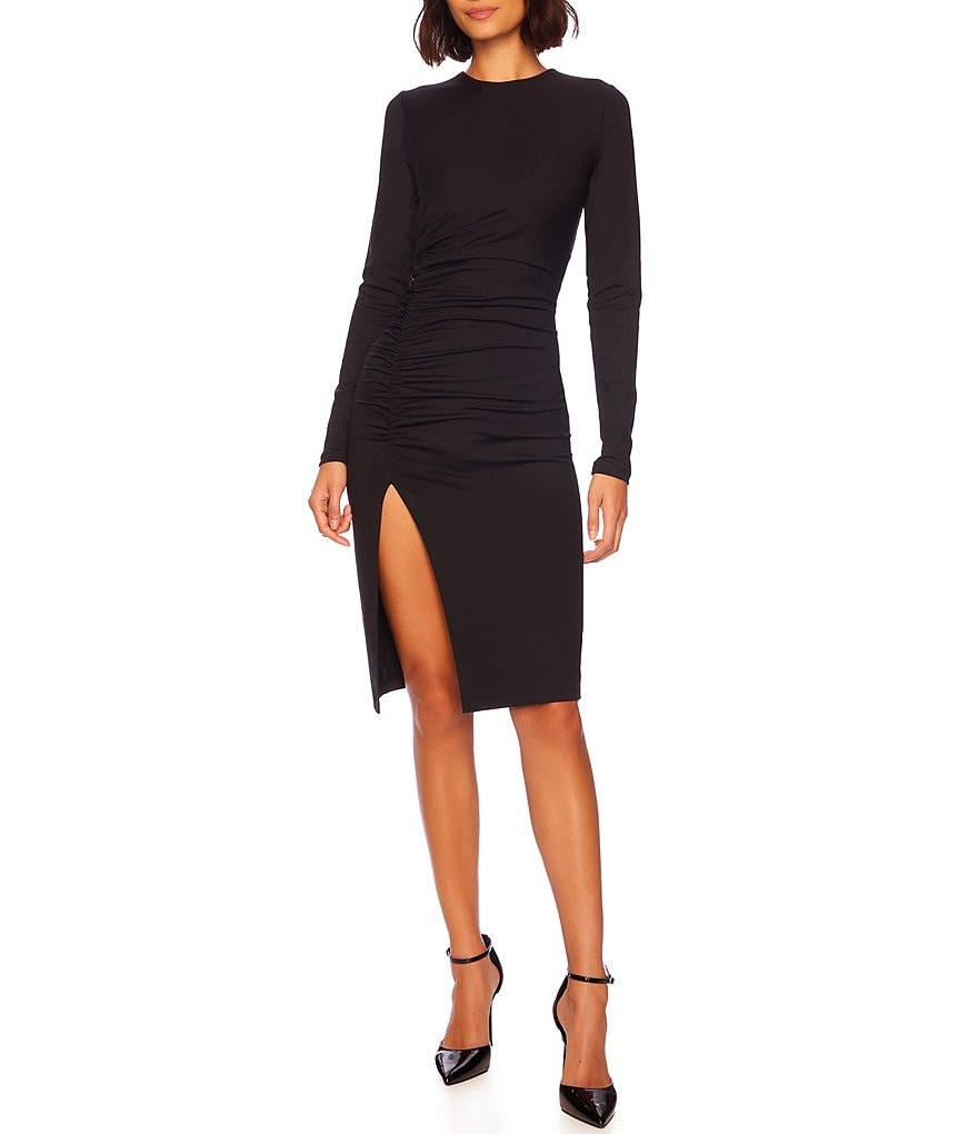 Susana Monaco Crew Neck Long Sleeve Ruched Side Side Slit Dress | Dillard's