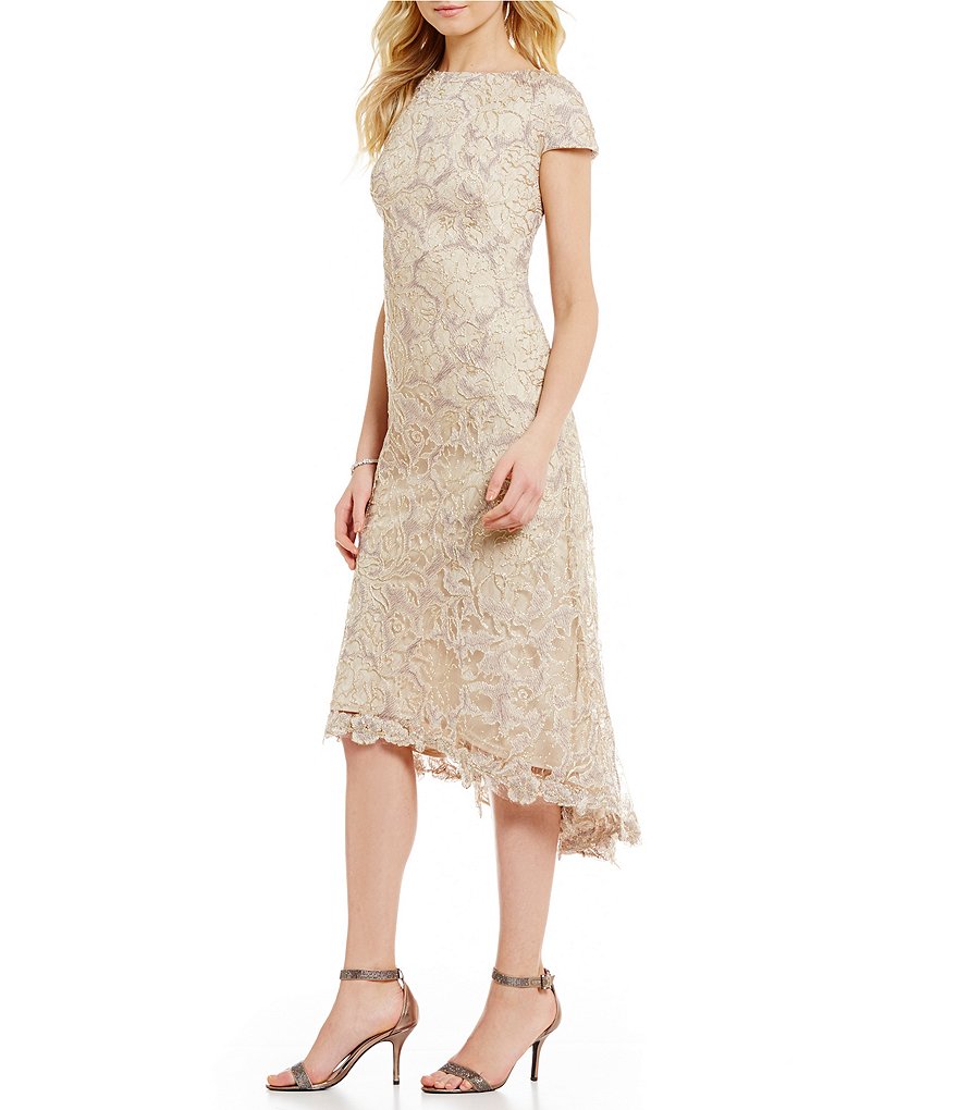 Tadashi Shoji Cap Sleeve Tea-Length Lace Dress | Dillards