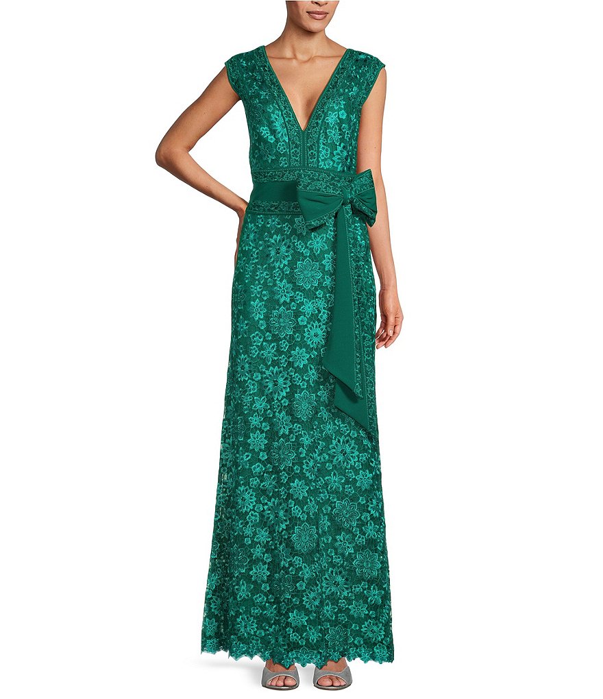 Tadashi Shoji Floral Embroidered Lace V-Neck Sleeveless Bow Gown ...