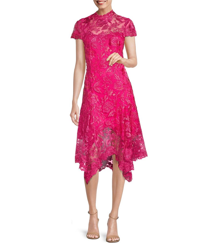 Tadashi Shoji Illusion Mock Neck Floral Lace Short Sleeve Handkerchief ...