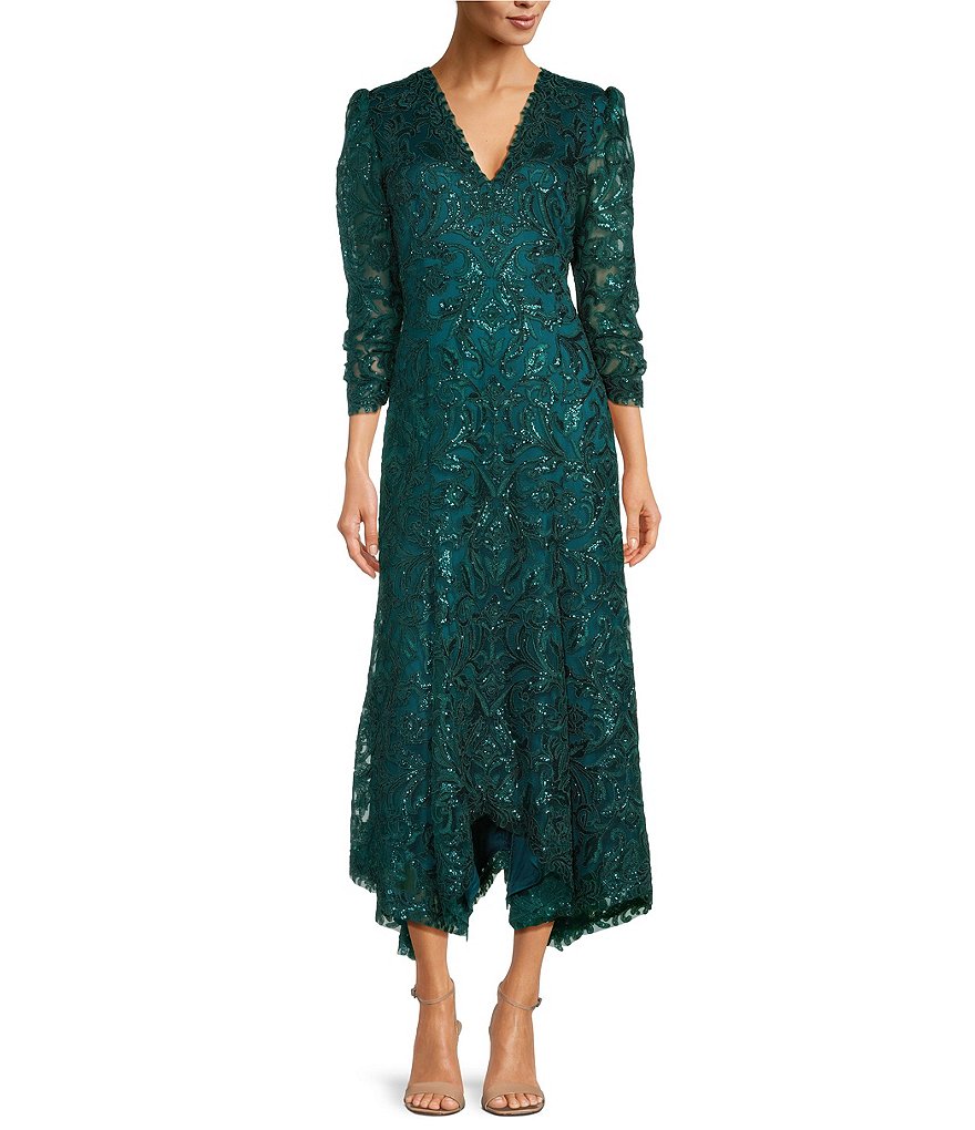 Tadashi Shoji Metallic Sequin Lace V-Neck 3/4 Sleeve Asymmetrical Hem  Handkerchief Gown