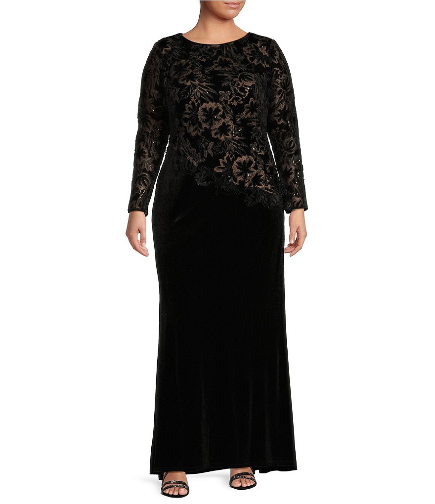 Tadashi Shoji Plus Size Long Sleeve Bateau Neck Burnout Velvet Gown ...