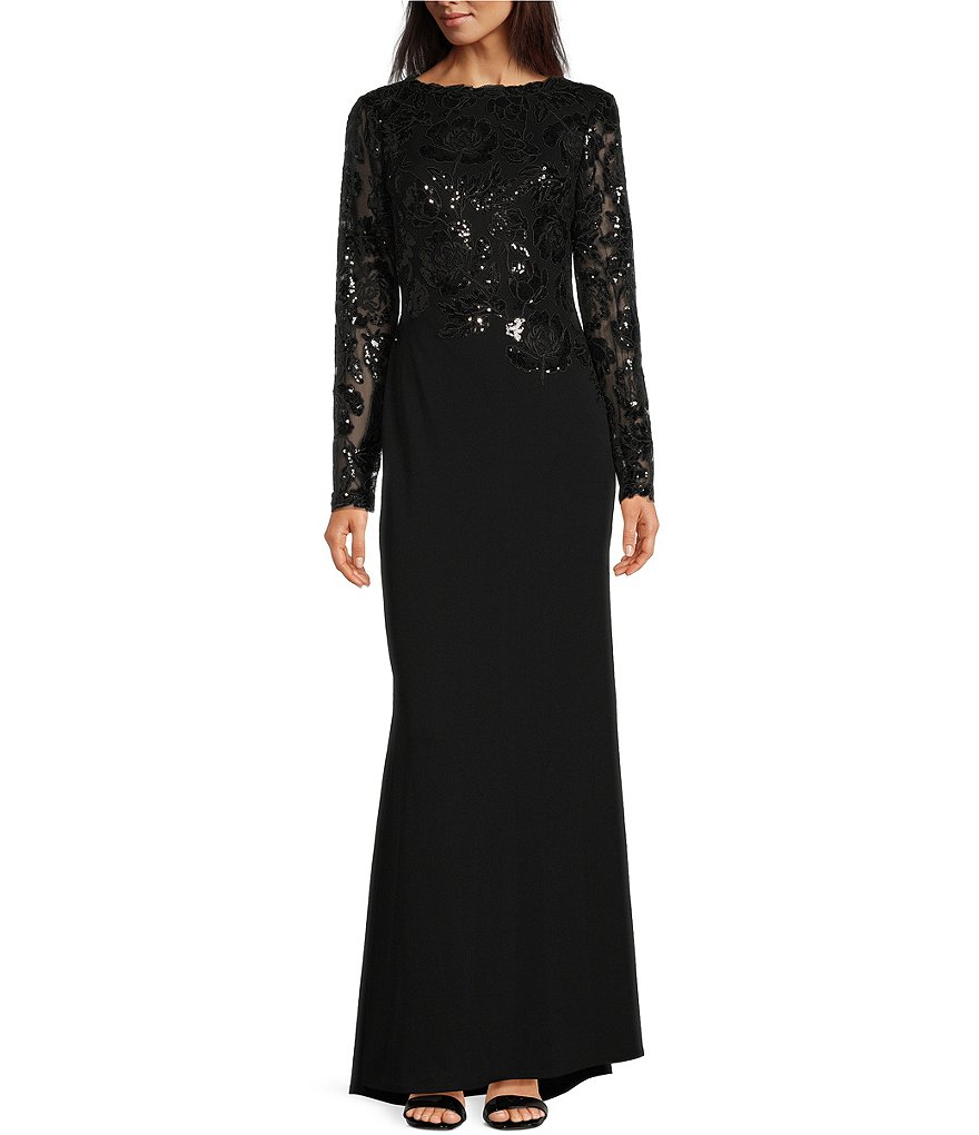 Tadashi Shoji Sequin Lace Boat Neck Long Sleeve Gown 