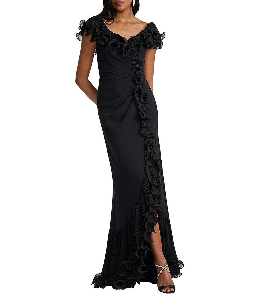 Tadashi Shoji V-Neck Ruffle Front Crepe Gown | Dillard's