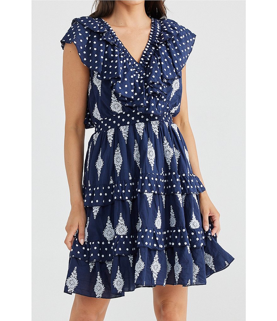 Talisman Kiki Embroidered V Neck Ruffle Detail Open Back Dress | Dillard's