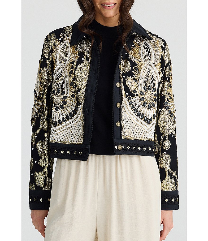 ジャケット・アウター Pe/Ry Garbardine Stretch beaded jacket Talisman Torero Beaded Embellished Design Point Collar